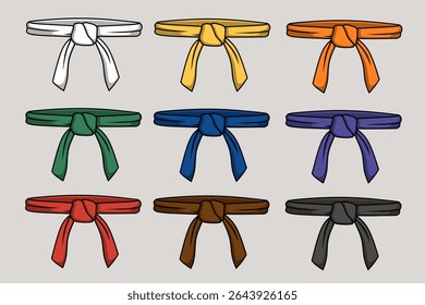 Cartoon martial arts belt rank color icon set, each representing a different rank and color. Perfect for instructional materials, websites, or educational resources about martial arts.