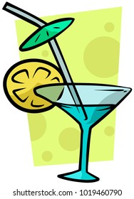 Cartoon martini glass with lemon and cocktail straw. Vector icon.