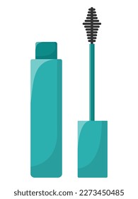 Cartoon mascara in green packaging. mascara brush,eyes mascara. Isolated on a white background. Simple flat vector illustration.