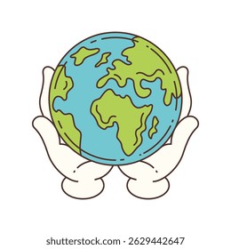 Cartoon mascot artwork showing two white gloves gently holding the Earth globe with continents in green and oceans in blue. Ideal for eco, peace, and global themes. Vector illustration
