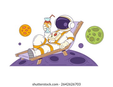 Cartoon mascot astronaut lying in a lounge chair on the moon holding a cocktail, portraying fun and relaxation in outer space. Perfect for creative space themes. Vector illustration