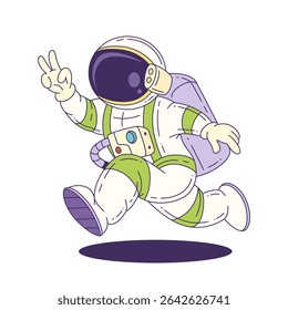 Cartoon mascot astronaut in a space suit runs through outer space showing a peace hand sign symbolizing adventure and exploration. Suitable for educational and creative projects. Vector illustration
