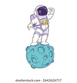 Cartoon mascot astronaut standing on the moon surface in a white suit saluting with raised hand, representing exploration and discovery. Suitable for educational content and space designs