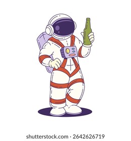 Cartoon mascot astronaut stands confidently in a detailed space suit holding a green bottle, perfect for space-themed events, science fiction projects, or humorous designs. Vector illustration