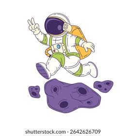 Cartoon mascot astronaut wearing a colorful spacesuit, jumping on a purple alien planet with a peace sign gesture. Fun and playful design for education or entertainment. Vector illustration