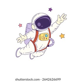 Cartoon mascot astronaut wearing a white suit floats among stars, exploring the universe in a fun and educational space-themed scene. Vector illustration