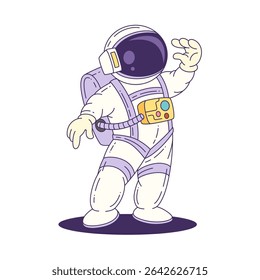 Cartoon mascot astronaut in a white suit with a colorful chest device waves hand in dynamic pose, ideal for science and education. Vector illustration
