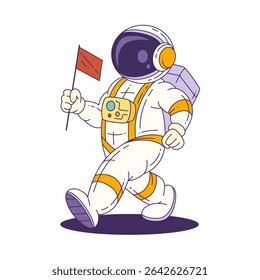 Cartoon mascot astronaut in a white suit with orange stripes stands with a flag, representing adventure and discovery in outer space. Vector illustration