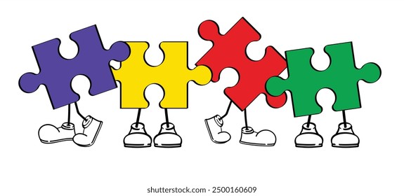 Cartoon mascot autism ribbon. World awareness day. Jigsaw line pattern. puzzle pieces icon or pictogram. Autism spectrum disorder (ASD) is a neurological and developmental disorder with social skills.