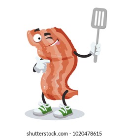 a cartoon mascot bacon is holding skimmer on a white background
