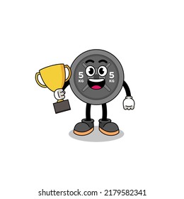 Cartoon mascot of barbell plate holding a trophy , character design