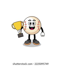 Cartoon mascot of baseball holding a trophy , character design