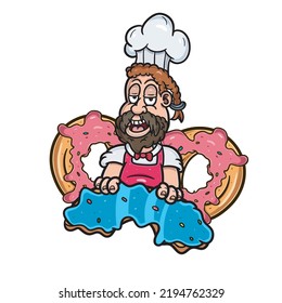 Cartoon Mascot of Bearded Boy With Doughnut. Good for Food Business. Vector and Illustration.