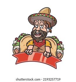 Cartoon Mascot of Bearded Boy Mexican Food and Taco. Vector and Illustration.
