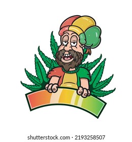 Mascota de dibujos animados de un niño con barba al estilo reggae y hoja de cannabis. Vector e Ilustración.