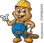 Cartoon mascot Beaver builder wearing safety helmet