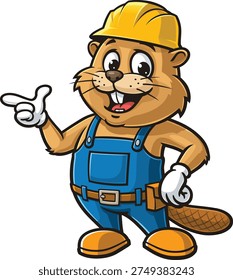 Cartoon mascot Beaver builder wearing safety helmet