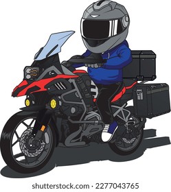 Cartoon Mascot of biker touring a Motorbike
