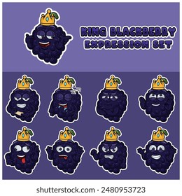 Cartoon Mascot Of Blackberry Fuit Character with king and expression set. Vector Illustration