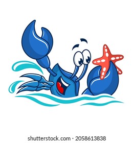 El cangrejo azul de la mascota de caricaturas atrapó a la estrella de mar. Ilustración del vector