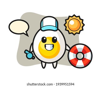 Cartoon mascot of boiled egg as a beach guard