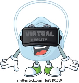 A cartoon mascot of breathing mask enjoying game with Virtual reality headset