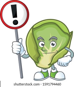Cartoon mascot of brussels sprouts bring sign in his hand