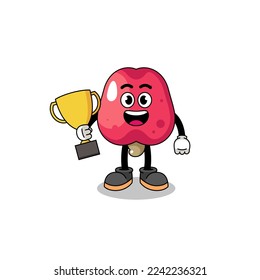 Cartoon mascot of cashew holding a trophy , character design