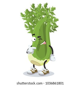 a cartoon mascot celery winks on a white background