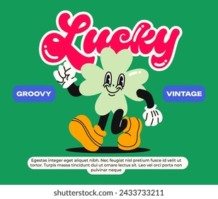 Cartoon mascot character clover,leaf of luck. Poster in retro groovy style of the 90s. St.Patrick 's Day. Doodle character with gloved hands.