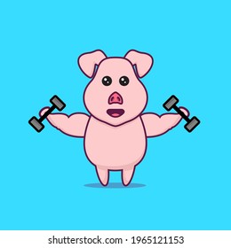 cartoon mascot character design, cute pig, muscular sport