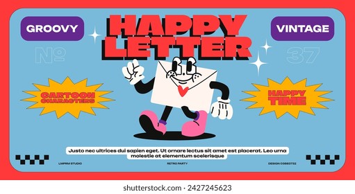 Cartoon mascot character envelope, poster in retro 90s style. Groovy walking character letter, message with gloved hands. Vector bright acid banner in psychedelic Memphis style