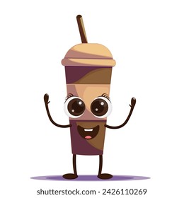 Cartoon mascot character of a glass of coffee on a white background