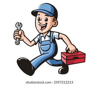 Cartoon mascot character of a Handyman running while carrying his mechanic box