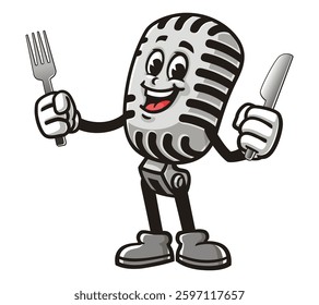 Cartoon mascot character Microphone holding fork and knife
