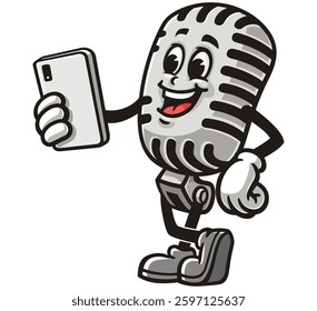 Cartoon mascot character Microphone holding a gadget