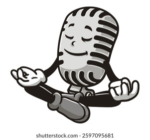 Cartoon mascot character Microphone is meditating