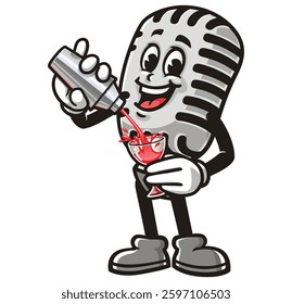 Cartoon mascot character Microphone is mixing a cocktail