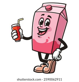 Cartoon mascot character Milk Box is holding a soft drink