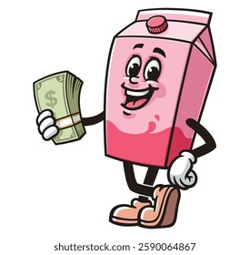 Cartoon mascot character Milk Box holding cash