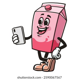 Cartoon mascot character Milk Box holding a gadget