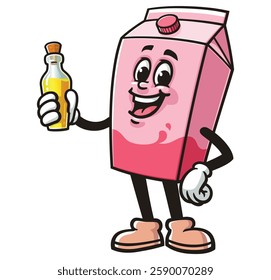 Cartoon mascot character of Milk Box is holding a bottle of flavor extract