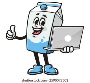 Cartoon mascot character Milk Box is holding a laptop