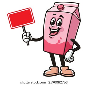 Cartoon mascot character Milk Box is holding a blank sign board