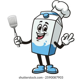 Cartoon mascot character of Milk Box holding a spatula and wearing a chef's hat