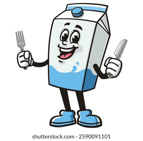 Cartoon mascot character of Milk Box is holding a fork and knife