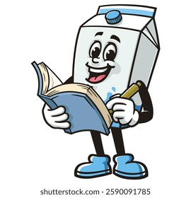 Cartoon mascot character of Milk Box is holding a book