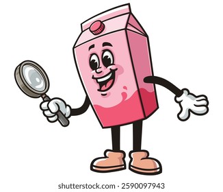 Cartoon mascot character Milk Box is holding a magnifying glass