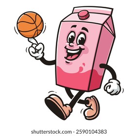Cartoon mascot character Milk Box playing basketball