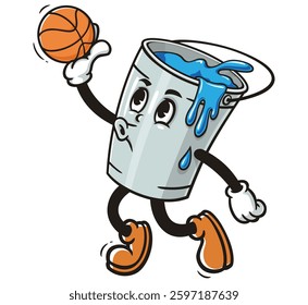 Cartoon mascot character Paint bucket is playing slam dunk Basketball
